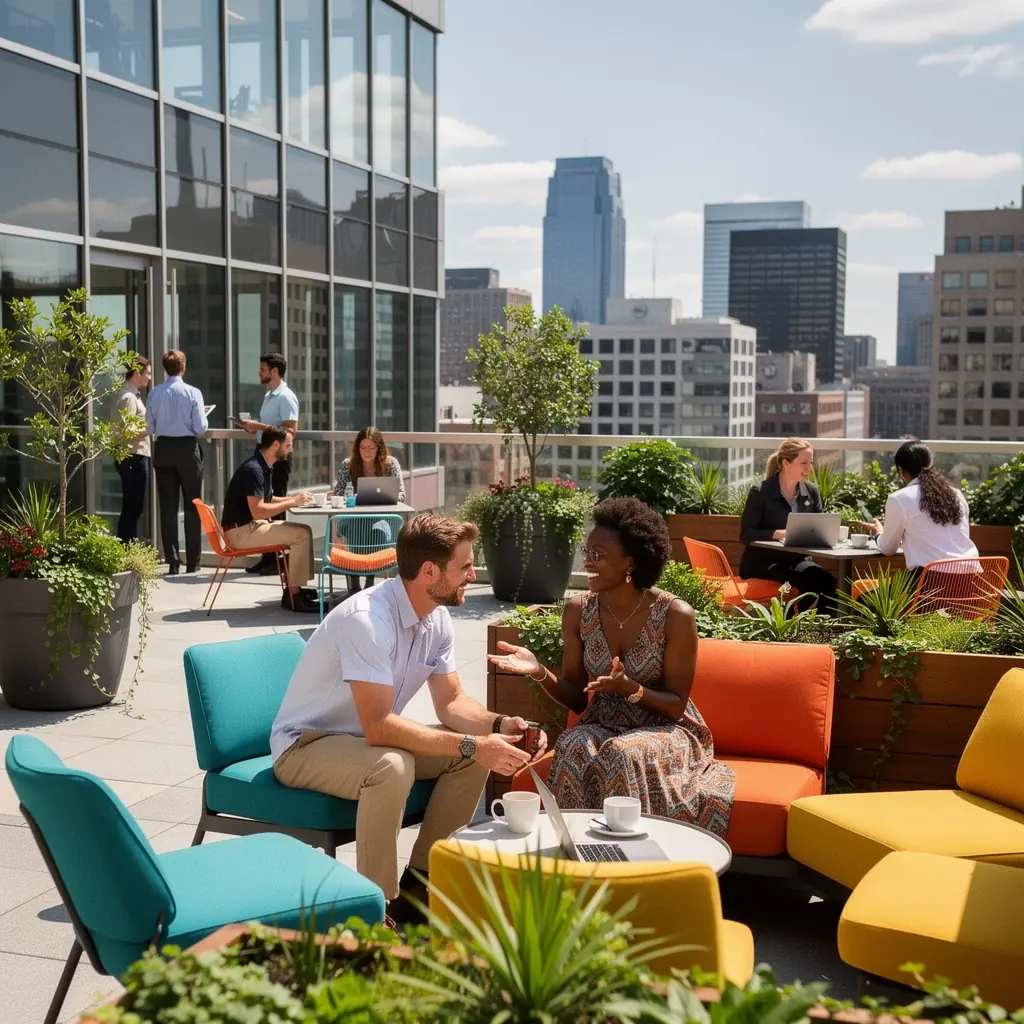 Stylowe wnętrze biura z naturalnymi materiałami i roślinnymi akcentami.