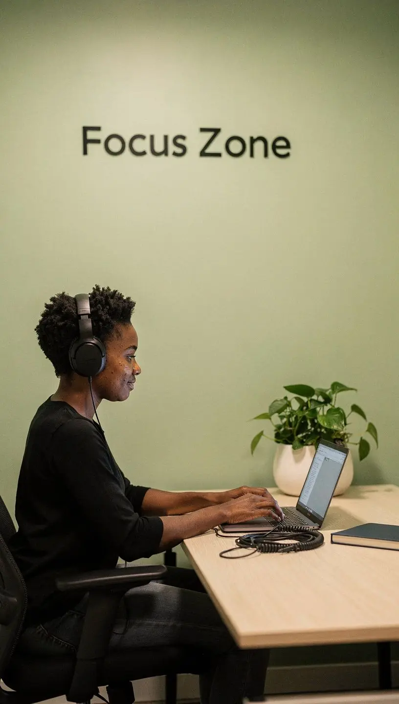 Przykład przestrzeni biurowej z zastosowaniem kolorów zgodnych z identyfikacją wizualną marki.