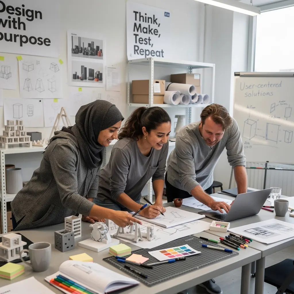 Przestrzeń biurowa z wyraźnymi oznaczeniami kierunkowymi i informacyjnymi.