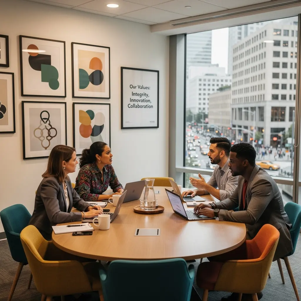 Wnętrze biura z różnorodnymi teksturami i harmonijną paletą kolorów.