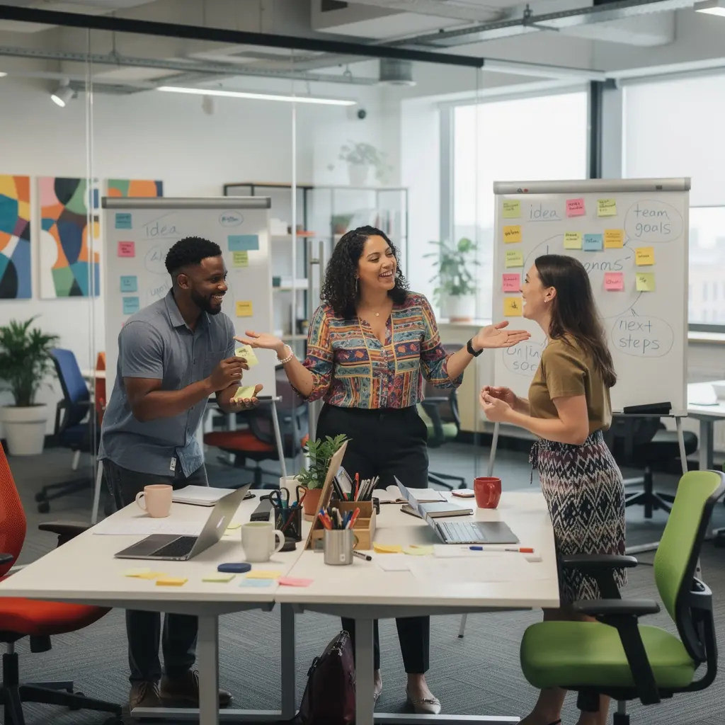 Przykład strefy relaksu w biurze z wygodnymi miejscami do siedzenia i dekoracjami.