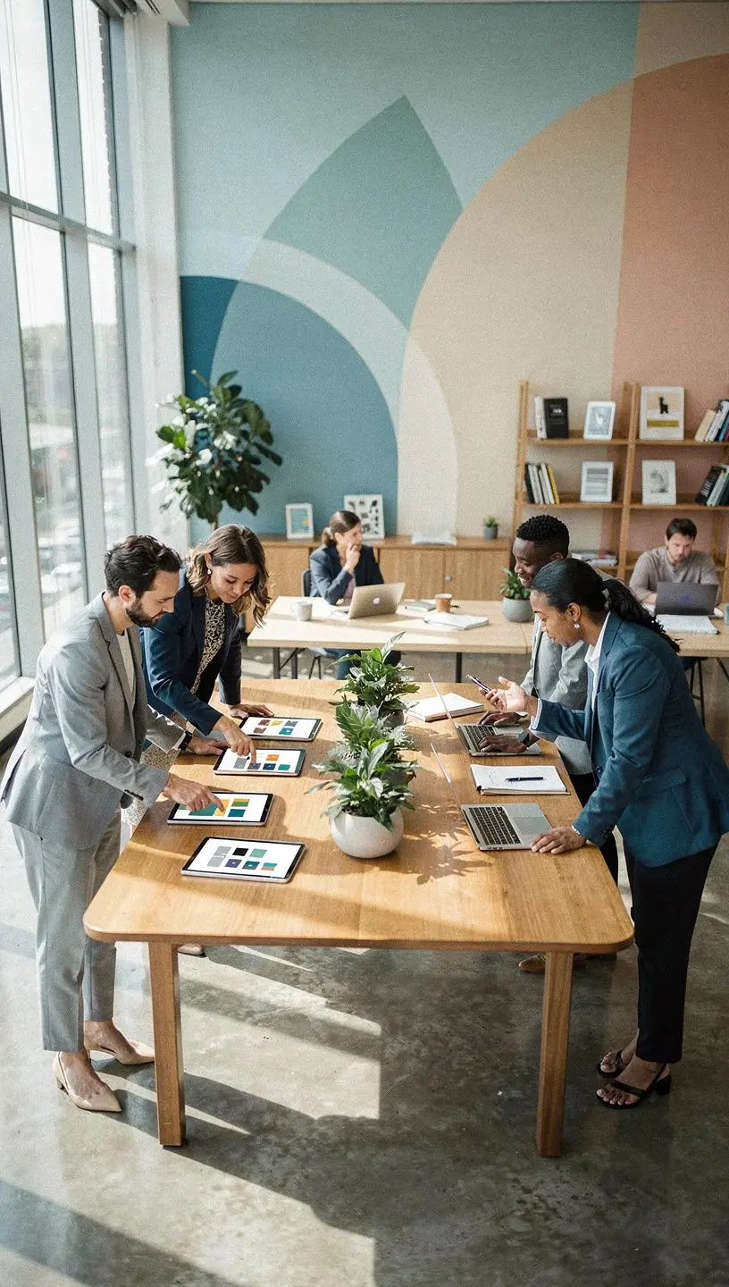 Stylowy kącik do pracy z ergonomicznymi meblami i dobrze dobranymi kolorami, sprzyjającymi produktywności.